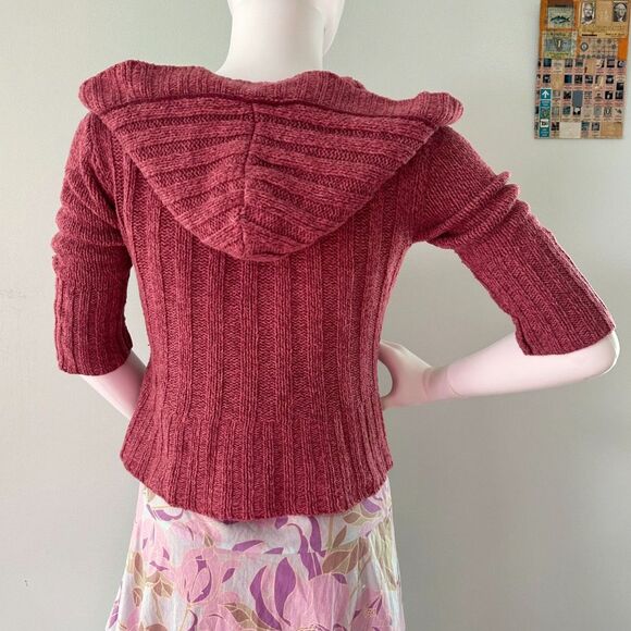 Vintage Y2k Mudd Burgundy Red Knit Zip Up Cropped Short Sleeve Sweater Jacket XS - Picture 4 of 10